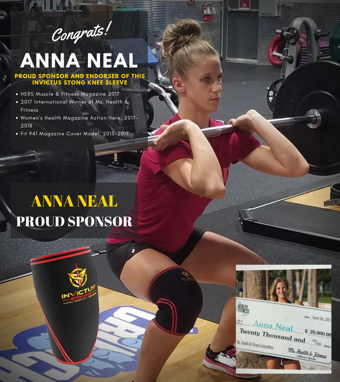 Pic of Anna Neal doing a Squat with the Invictus Strong knee Sleeve on